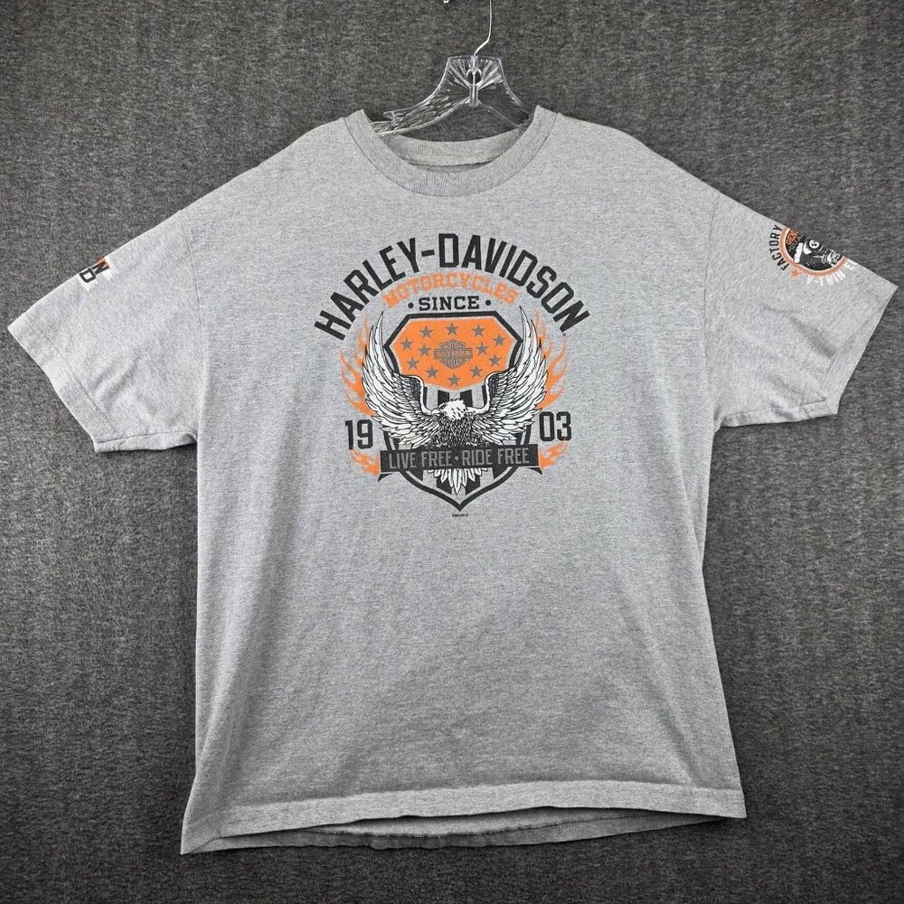 Harley-Davidson Shirt Mens 46 Gray Eagle Skull Rice Lake WI Biker Graphic Tee